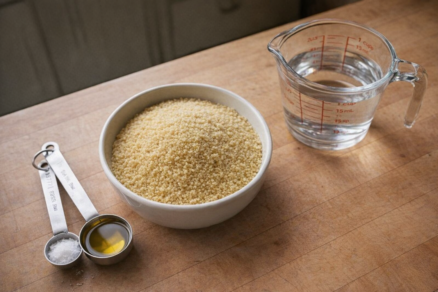 An overhead shot of a bowl of dry couscous, measuring spoons with salt and olive oil, and a measuring cup filled with water, soft light